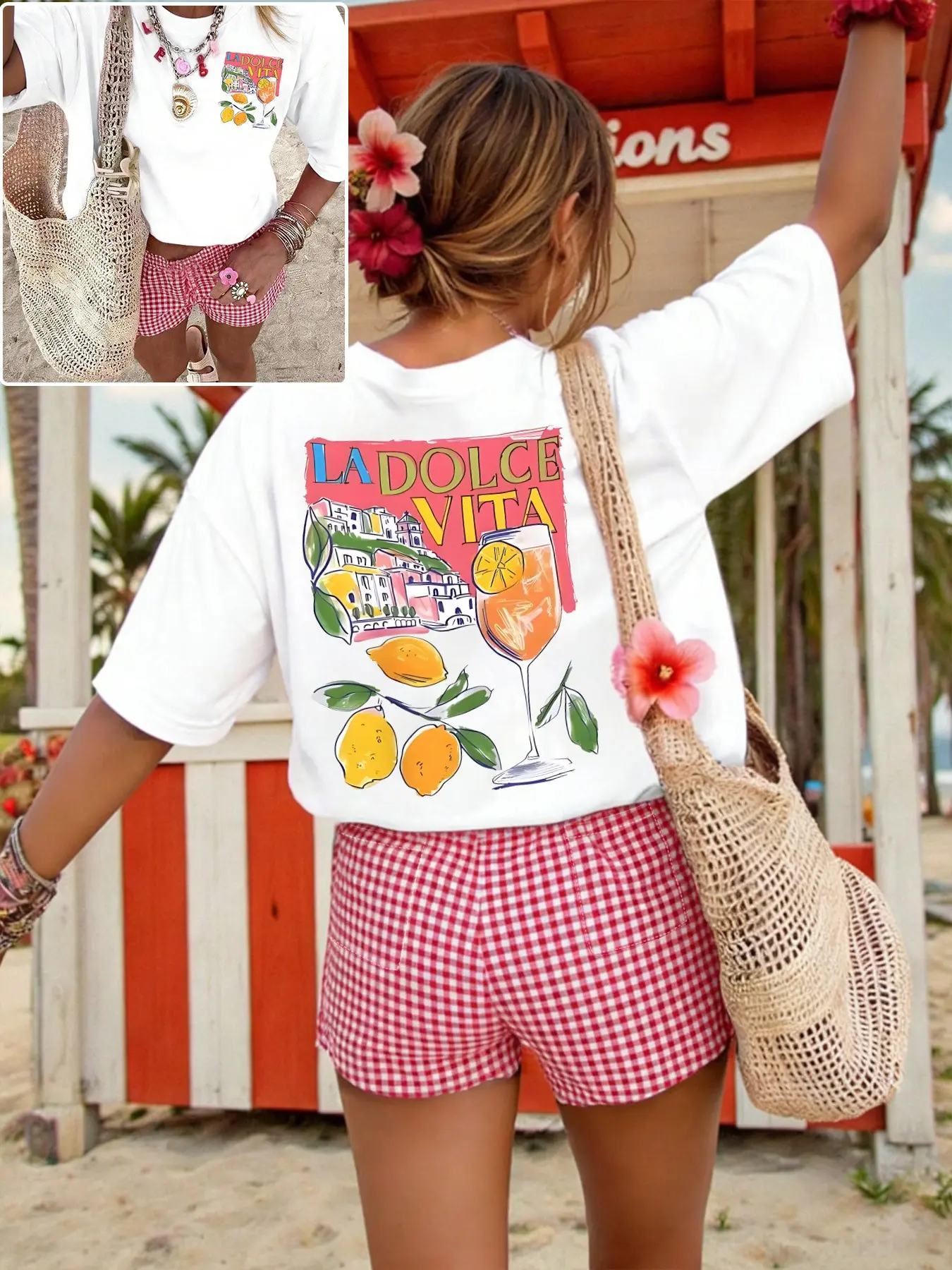 Women's Home Wear Set, Lemon Letter Print Round Neck T-Shirt + Plaid Shorts, Casual Loose-Fit, All Seasons, Outdoor & Vacation Clothes, Everyday