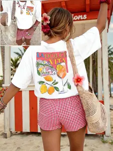 Women's Home Wear Set, Lemon Letter Print Round Neck T-Shirt + Plaid Shorts, Casual Loose-Fit, All Seasons, Outdoor & Vacation, Womenswear