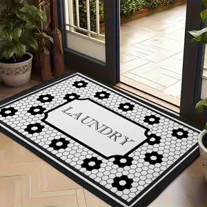 Laundry Room Mat Vintage Black and White Hexagon Tile Mosaic Pattern Entryway Welcome Rug Non-Slip Farmhouse Style Home Decor