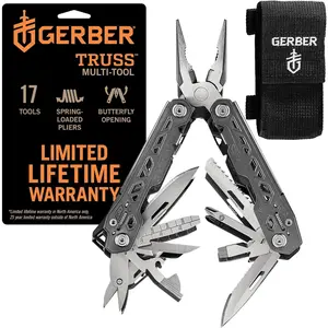 Gear Truss 17-in-1 EDC Needle Nose Pliers tool - includes Knife, Screwdriver, and Bottle Opener Accessories - Gifts for Men, Fishing and Camping Gear - Gray with Standard Sheath