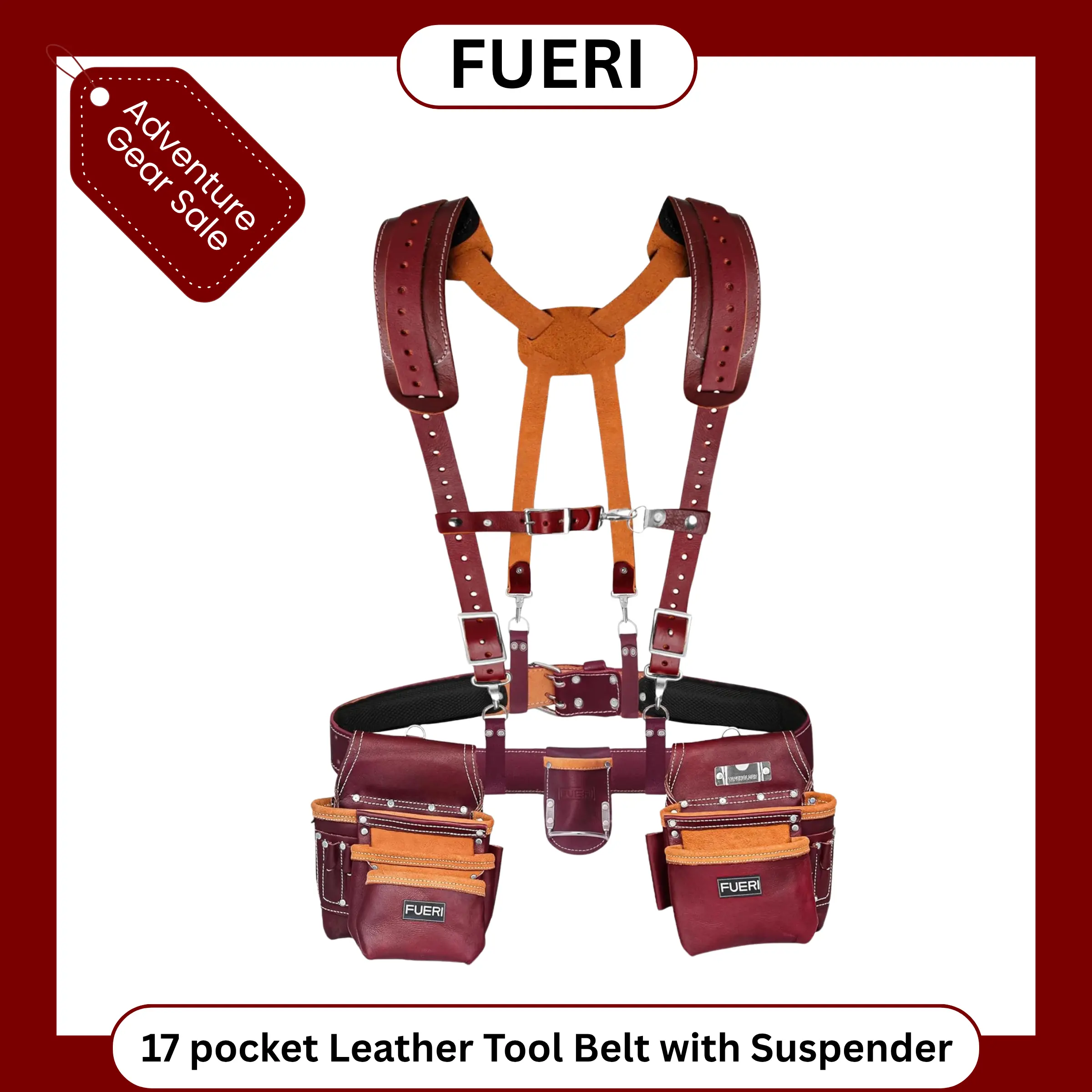 FUERI Leather Tool Belt with Suspenders (17 Pocket, Heavy Duty) – Adjustable Organizer Set for Men. Ideal for Carpenters, Construction Workers, Electricians. Durable & Comfortable  bag . Buy Now! Tool Bag Roll Tool Pouch