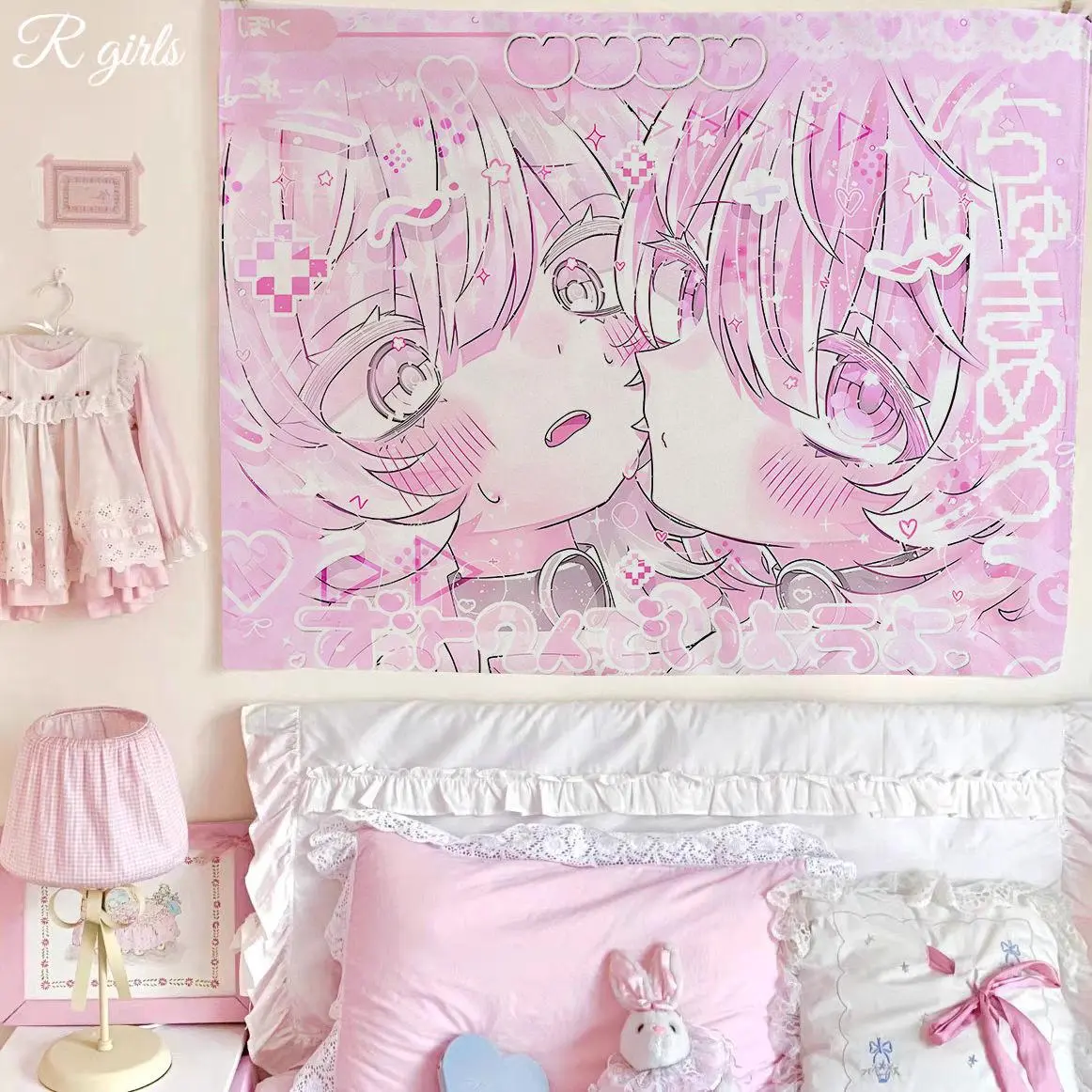 Kawaii Anime Pink Girl Tapestry – Home Decor Wall Hanging Bedroom Background Decor Cute Fashion Lady Tapestries for Living Room