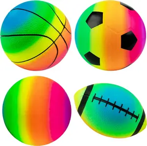 Rainbow Sports Balls Pack of 4, 8.5" Football Basketball Soccer Volleyball Set with Pump, Inflatable Multi-Sports Ball Set, Outdoor Playground Toys for Kids, Bulk Available
