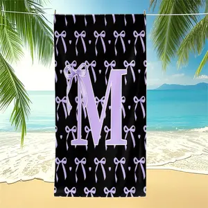 Purple Bow Monogram A-Z Letter Beach Towel, Coquette Style Personalized UV Protection Quick Dry Beach Towel, Travel Towels for Teens, Girls & Kids, Perfect for Beach, Picnic & Camping (Multiple Sizes Available)