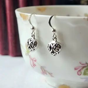 Whimsy Gothic Sterling Silver Filigree Heart Earrings | Cottagecore Jewelry Victorian Dangles
