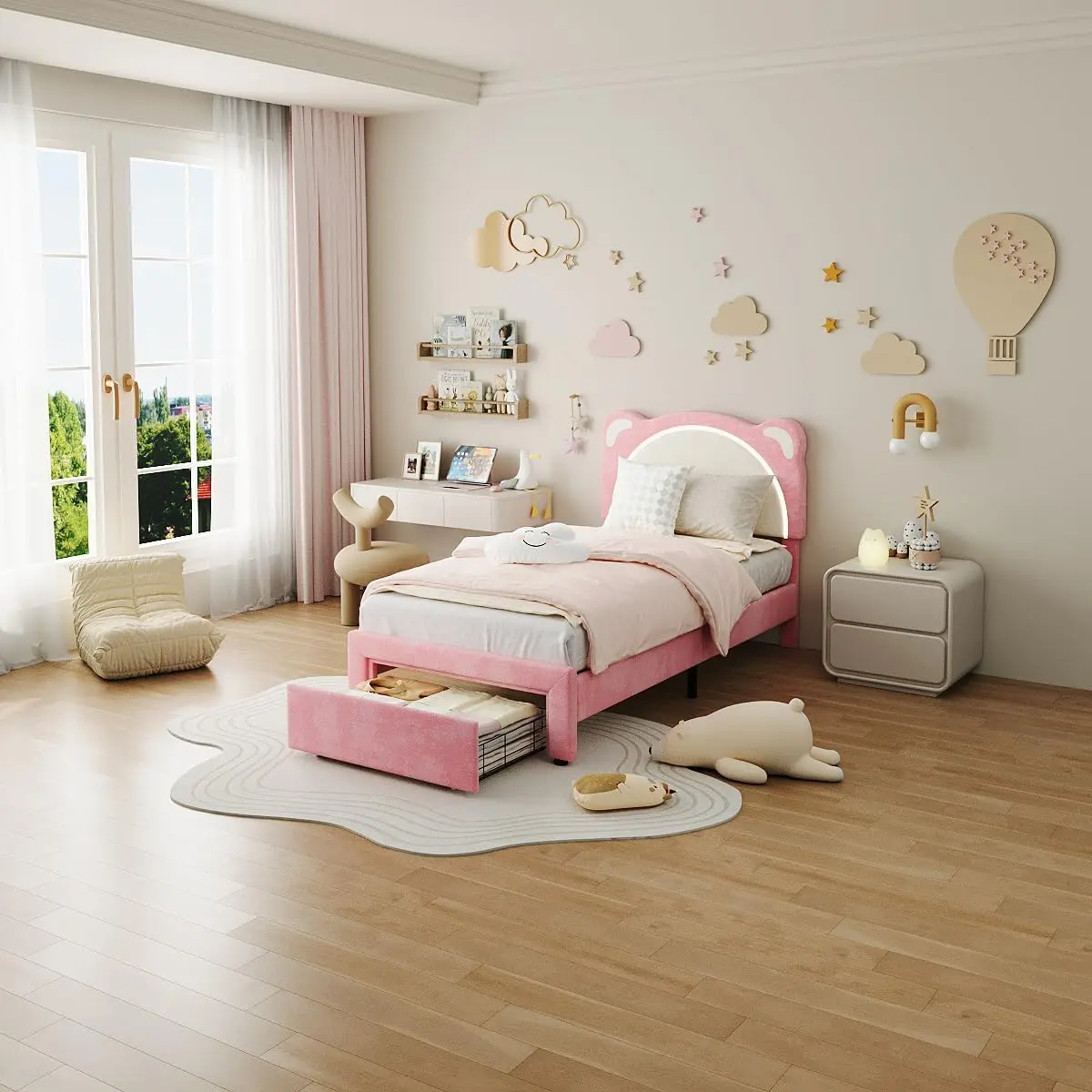 GAOMON Pink Plush Headboard Metal Twin Platform Bed Frame for Girls - Adjustable Headboard, Drawer, LED Light, Wooden Slats Support, No Box Spring Needed - Princess Bed, Nursery Kids Furniture, Sturdy Comfort