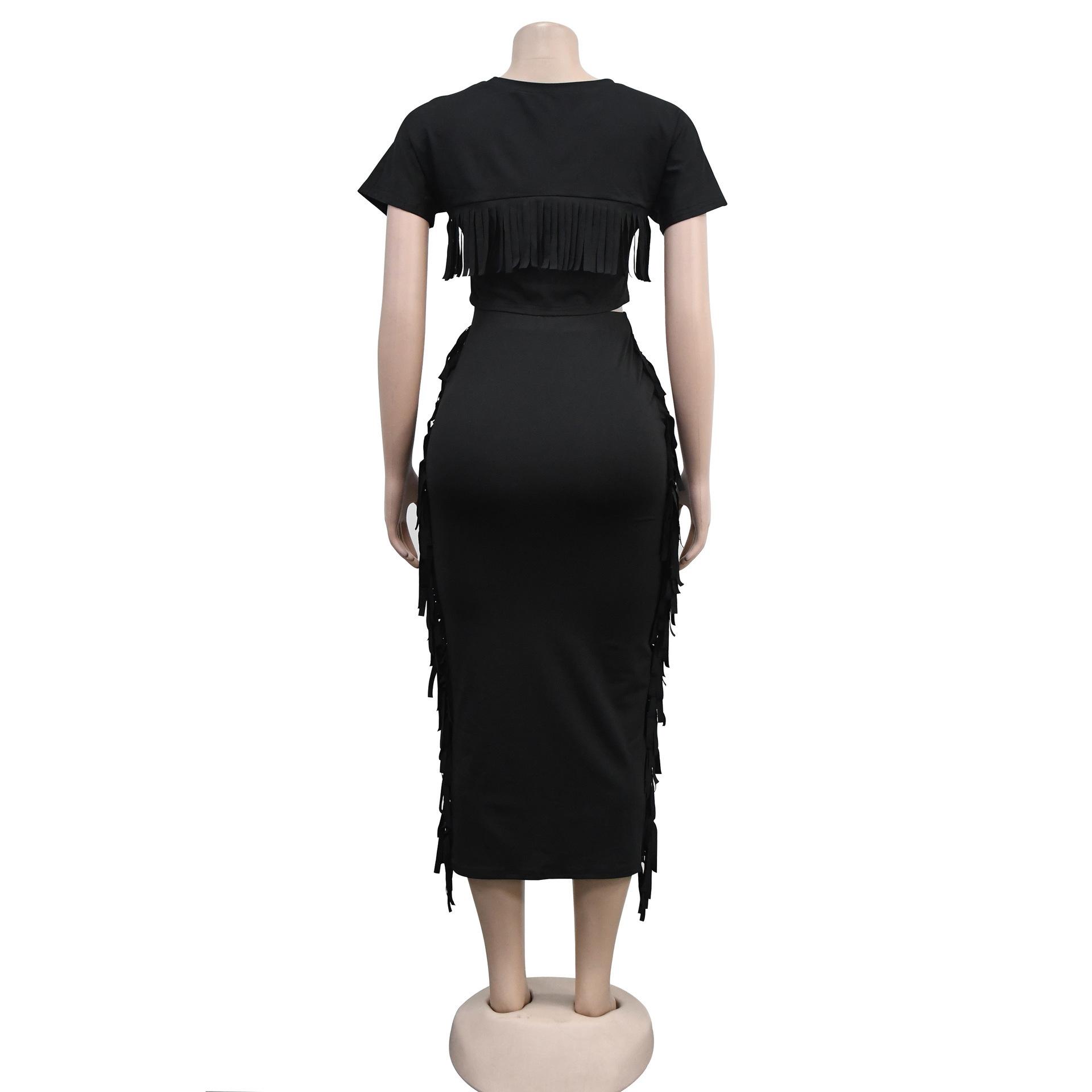 FashionableStyle Solid Color Fringe Round Neck Short Sleeve Long Dress Two-Piece Set