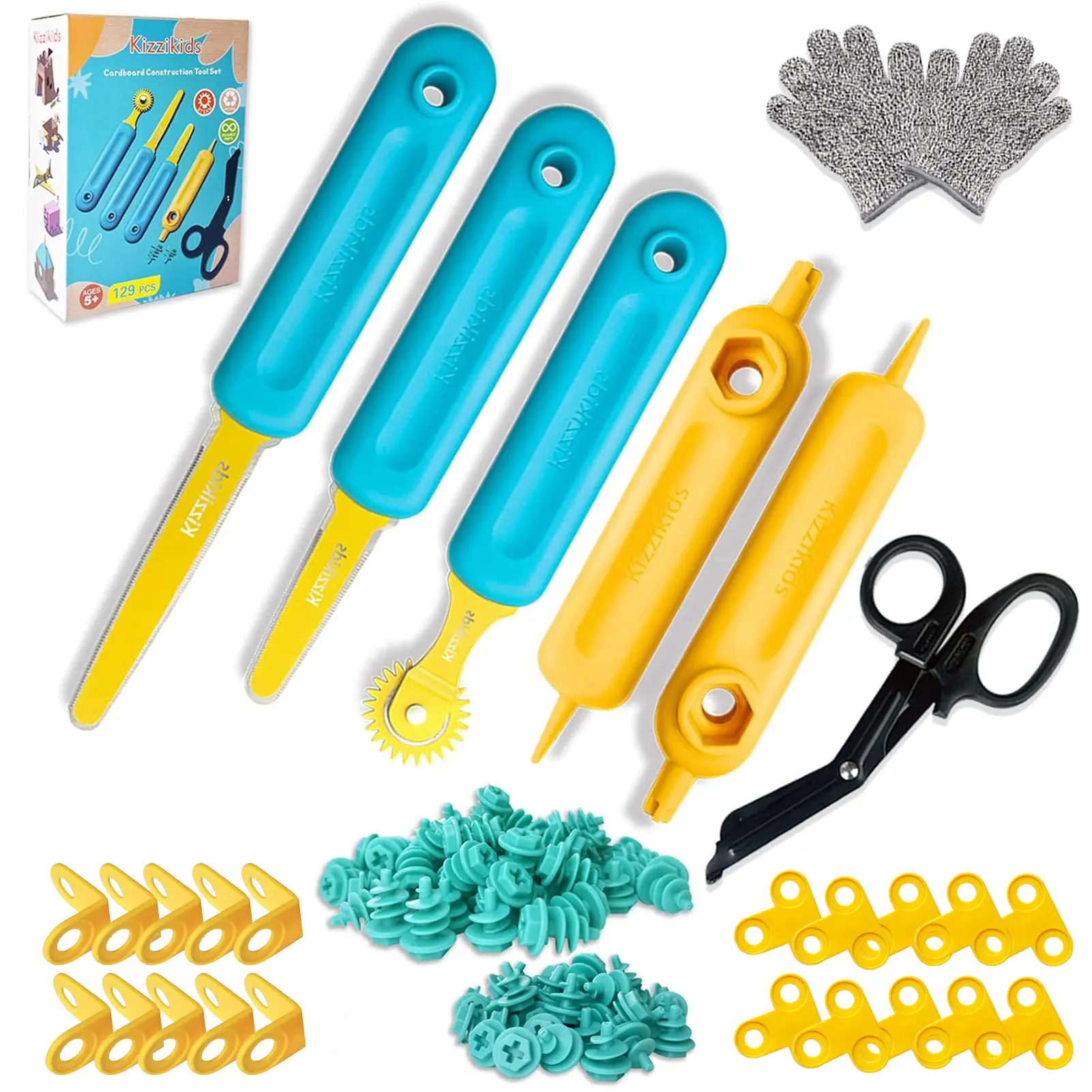 Kizzikids Kids Cardboard Construction Tool Kit, STEM DIY Building Set, 149 PCS Creative Craft Kit with Hole Punch, 10*90° Connectors, 60*Screw+ for Ages 5+