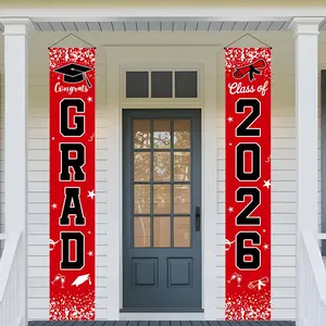 2026 Graduation Party Porch Banner, Base Cap Design, Outdoor Garden Decor Flag, 12x70.8 Inches, Polyester Material, Graduation Party Decorations