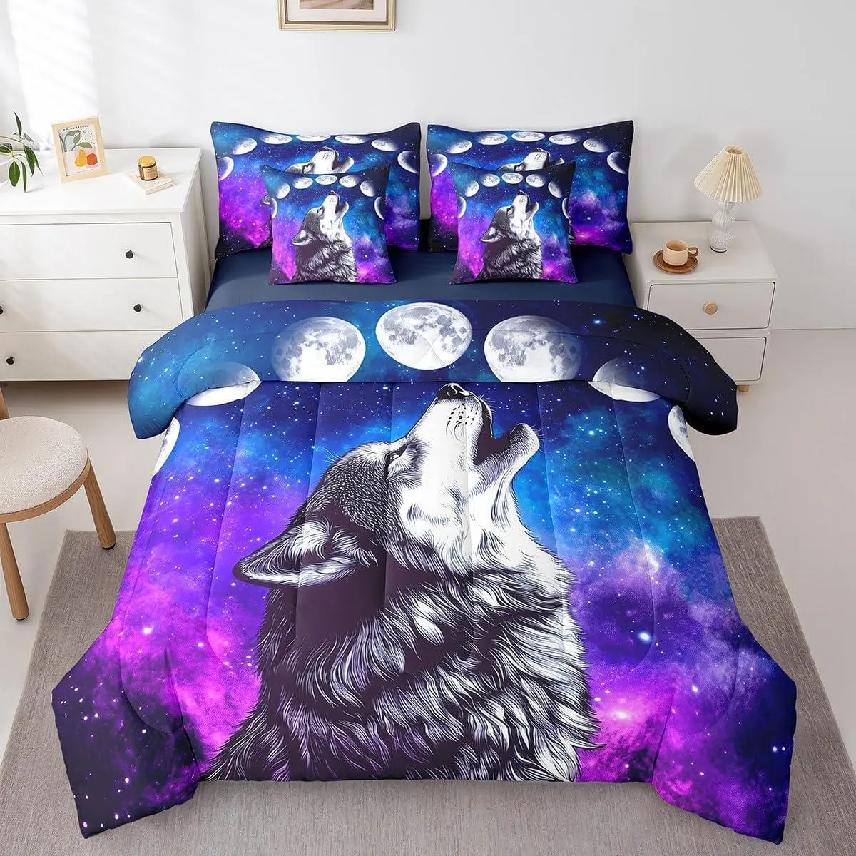 Howling Wolf Comforter Set with Sheets,Blue Purple Starry Sky Galaxy 7 Piece Bedding Set,Stars Exotic Moon Bed in a Bag,Western Wild Animal Bed Sets