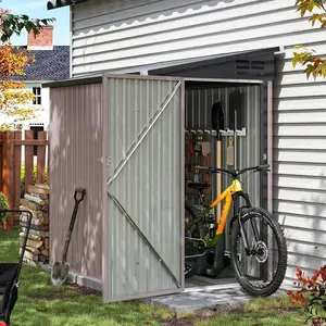 Aoxun 4x6 FT Lean to Shed Garden with Sloped Roof Metal Storage Shed with Lockable Doors & Single Door Outdoor Bike Shed for Backyard, Patio, Poolside (Brown)