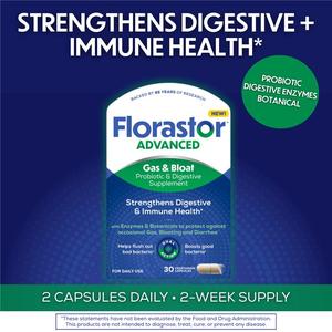 Florastor Advanced Gas & Bloat Probiotic Supplement for Adults - Vegetarian Capsules with Enzymes & Botanicals for Digestive & Immune Healthcare Support