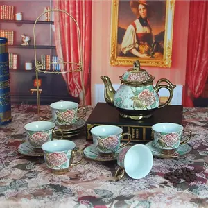 DaGiBayCn 20 Piece European Ceramic Tea Set Coffee set Porcelain Tea SetWith Metal Holder,flower tea set Red Rose Painting,160ML/Cup,460ML/Pot