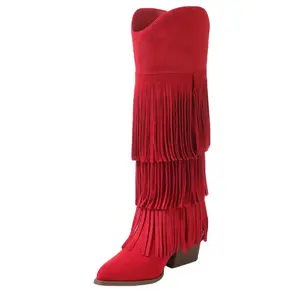 Women's Fringe Cowboy Boots, Mid-Calf Cowboy Boots, Chunky Heel Western Boots