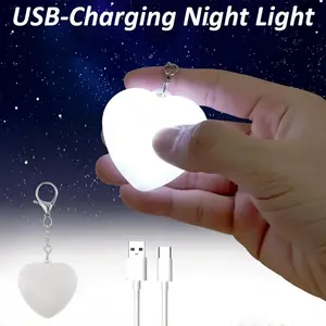 Heart Shaped USB Rechargeable LED Night Light Touch Control Portable Mini Lamp Lightweight Love Themed Keychain for Bedroom Travel Daily Use Gift