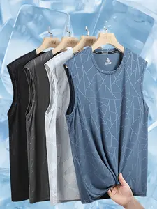 Set of 4 men’s outdoor casual sports tank tops with geometric patterns, made from polyester fleece fabric. Breathable, comfortable, stretchy sleeveless top for hiking and fitness; quick-dry sports tank for men, summer