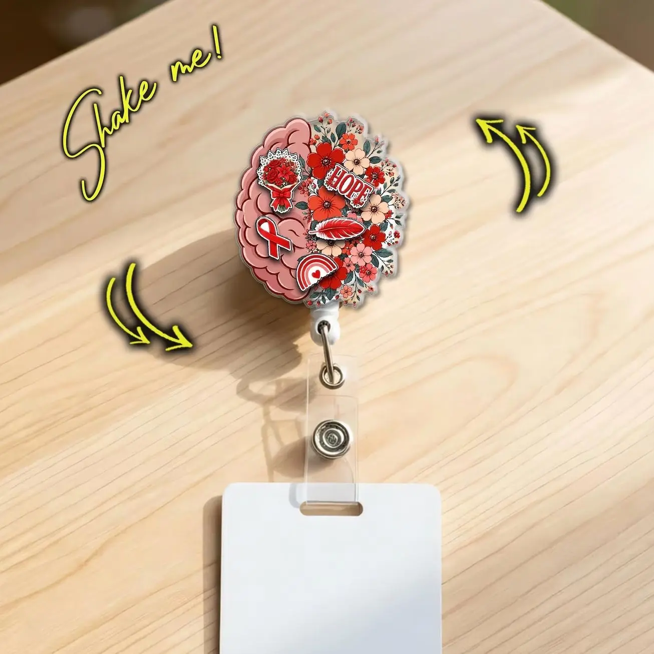 Stroke Awareness Shaker Badge Reel, Nurse Retractable ID Holder, Brain Health Medical Badge Clip 64V