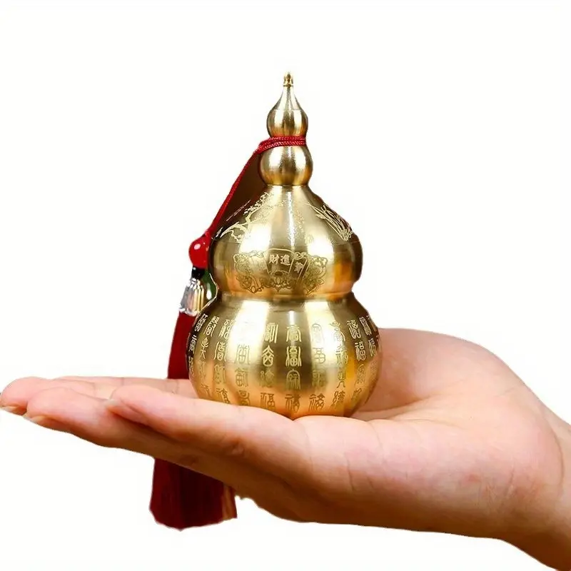 Brass Gourd Feng Shui Ornament with Tassel - Symbol of Good Luck and Wealth Tabletop Storage Brass Gourd Decor