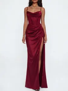 Rosegalette Women's satin dress feminine dress Satin Strapless Tube cowl neck corset dress Maxi sexy long Dress Lace Up Backless High Slit elegent dress Cocktail Dress Maxi Slip Vegas Dress For Evening Party selling my prom dress