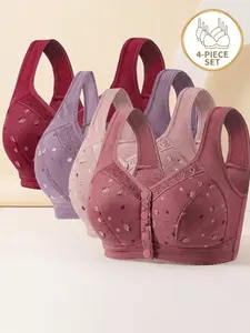 4-Pack Front Closure Comfort Bras - Wireless Full Coverage Cotton Bras, Wide Strap Floral Print Embroidery Lingerie, Breathable No Underwire Bras for Everyday Wear & All-Day Support