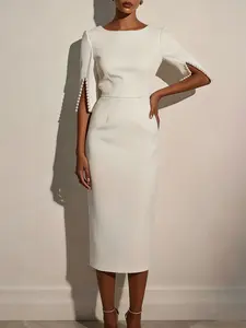 A women's camel-colored, mid-sleeve, boat-neck, figure-hugging, mid-length, slit-spliced, pearl-decorated, Elegant Party Dress, suitable for summer, suitable for formal occasions such as evening parties, business banquets, or weddings.