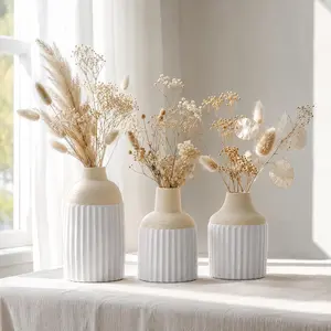 Beige Decorative Vase Set of 3 - Boho Style Ribbed Bud Vases for Flowers, Mini Small Vases for Shelf, Shelves, Bookshelf, Entryway Table & Home (Beige White)