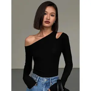 Fashion Skew Collar Off-shoulder Long-sleeved T-shirts Women Spring New Solid Slim Fit Crop Top Sexy Hollow Out Tees Shirts