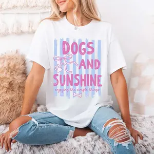 Dogs And Sunshine Enjoying The Simple Things Shirt | Ivory Dog Mom Tee | Aesthetic Pink Bow & Paw Print Graphic Shirt | Pet Lover Gift