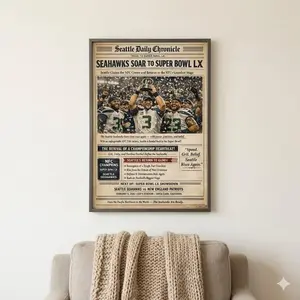 Seattle Seahawks Super Bowl LX Print | Vintage Newspaper Wall Art | NFL Fan Gift | Football Championship Poster | Sports Decor