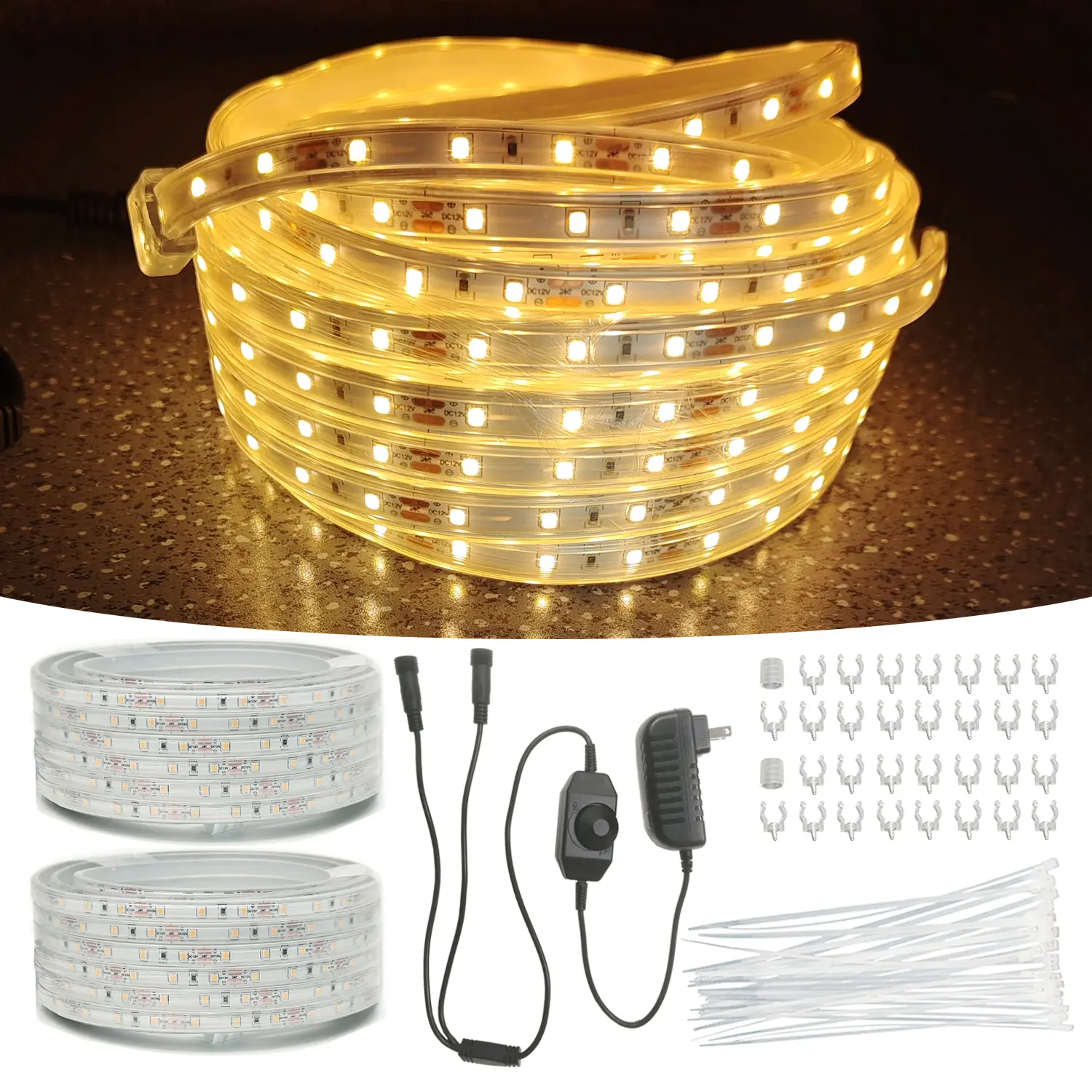 100FT Warm White LED Rope Lights Outdoor Waterproof Dimmable 3000K Amber-White Light Strip with Y-Splitter Power Supply & Cable Ties for Cozy Spaces