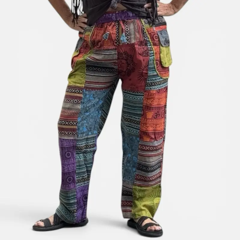 Unisex Gheri Fabric Pants with Mushroom Print, Patchwork Pockets Festival Hippie Cotton