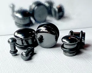 PAIR of Single Flare Hematite Stone Plugs with O-Rings - Gauges 6g (4mm) up to 5/8" (16mm)