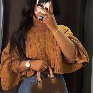 Women's Textured Split Sleeve Turtleneck Cropped Sweater Casual Solid Color High Neck Long Sleeve Jumper Knitwear Tops for Daily Wear Camel Chic Elegant Minimalist