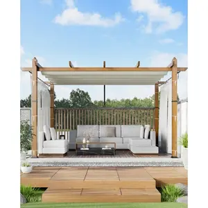 10x13 ft Retractable Aluminum Pergola with Insect Screen and Retractable Canopy, Upgraded Gray Frame, Modern Metal Patio Pergola for Garden Backyard Deck Grape Trellis Porch, Beige