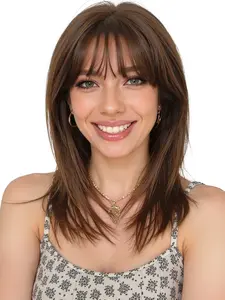 16 Inch Deep Synthetic Wig with Bangs, Natural Look, Natural Looking Wig, Easy Care, Suitable for All Ages, Perfect for Daily Wear, Straight Synthetic Wigs, Synthetic Hair