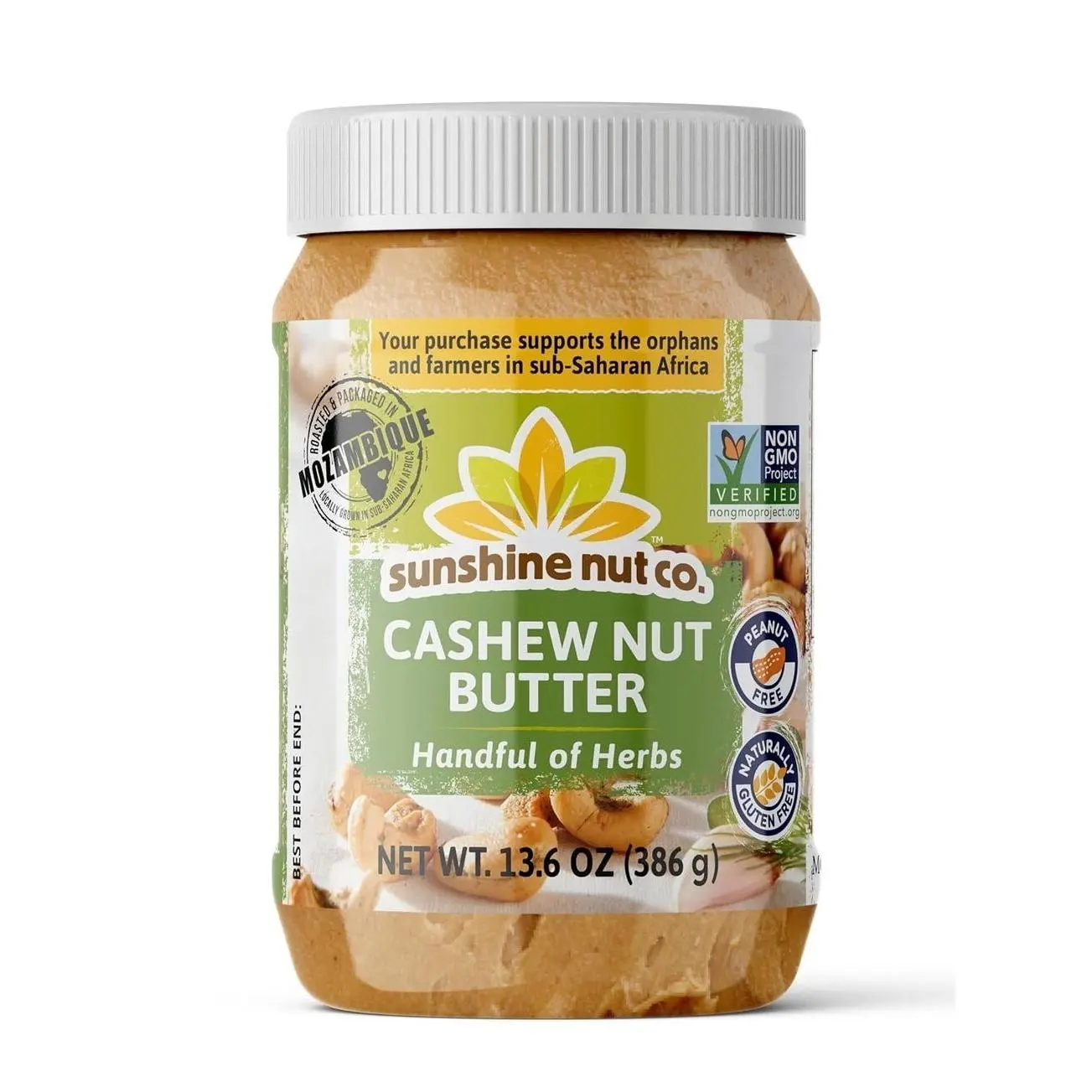 Sunshine Nut Company Gourmet Natural Cashew Butter, Handful of Herbs, 1 Pack, Vegan Spread with Hand-Roasted Mozambique Cashews, No Added Sugar, 13.6 oz Jar
