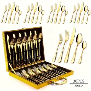 30pcs Golden Stainless Steel Silverware With Gift Box Set, 6 People Golden Knives, Forks And Spoons Flatware Set, Exquisite Wooden Box Packaging, Ideal For Business Gifts, Weddings, Celebrations, Banquets