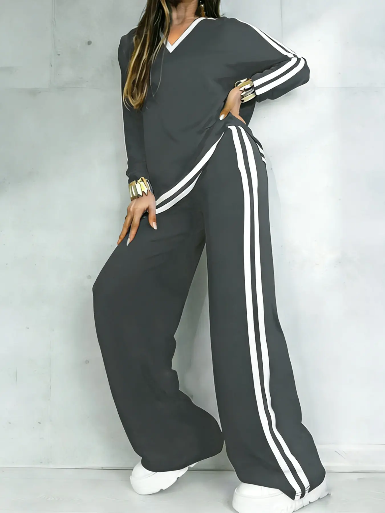 Women's Casual Sportswear Set, Sweatsuit Loose, Workout Sets, Gym Outfits, Pure Color V-Neck Long Sleeve T-Shirt & Striped Pants, Spring Summer Two-Piece, Sportswear All Seasons, Fitness Wear, Casual Outdoor Activewear