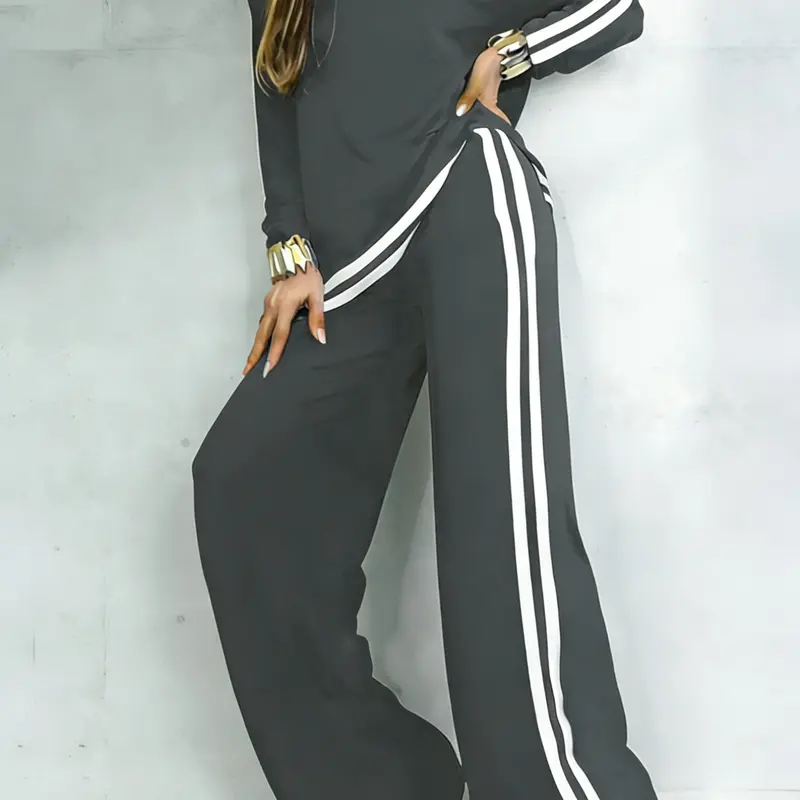 Women's Casual Sportswear Set, Loose Sweatsuit Workout Sets, Gym Outfits, Athletic Outfits, Plain Color V-Neck Long Sleeve T-Shirt & Striped Pants, Spring Summer Two-Piece Outfit, Fitness Wear, Outdoor Activewear