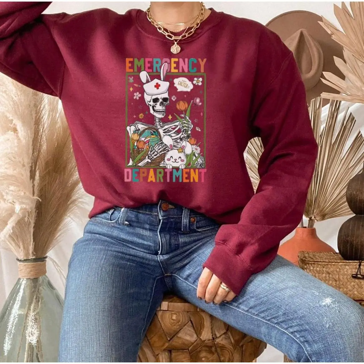 Cute Easter Floral Rabbit Sweatshirt, Happy Easter Day Shirt, Easter Emergency Department Skeleton Nurse Shirt, Er Nurse Easter