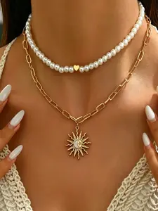 2Pcs Viral Boho Sun Moon & Pearl Layered Necklace Stack Gold Plated Adjustable Choker for Aesthetic Outfits Necklace Set