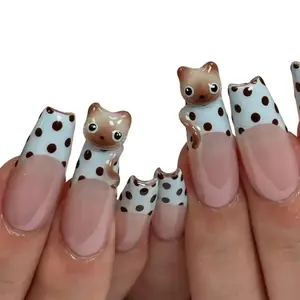 S269 Polka Dot Teddy Press-On Nails, 3D Bear Design with Dots, Playful Cute Nail Art for Animal Lovers, Handmade Cartoon Nails, Trendy Fun Look, Gift for Her