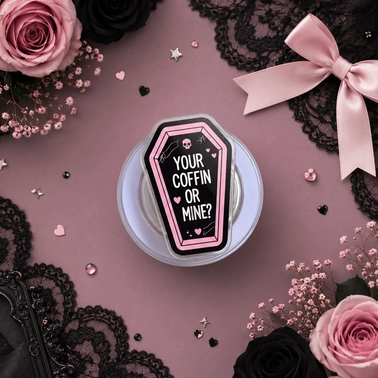 Pink Coffin Phone Grip, Goth Aesthetic Phone Holder, Funny Alternative Phone Accessory for Goth Style