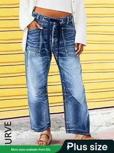 [Plus Size] Women's Jeans, Casual Fashion Pocket Design High Waisted Denim Trousers for Daily Wear, Women's Bottoms for All Seasons, Womenswear
