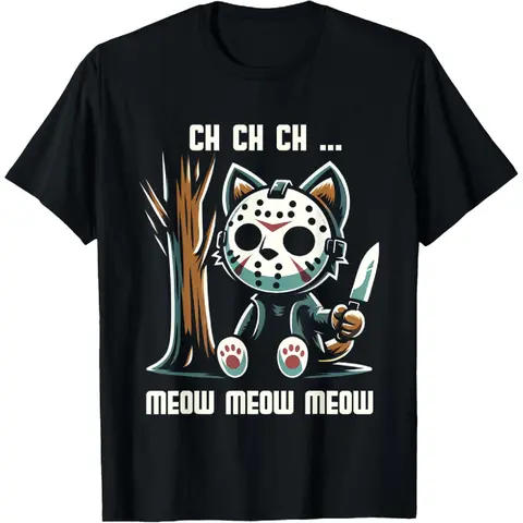 Men's 100% Pure Cotton Quirky Crew Neck Casual Distressed Short-Sleeve Graphic Tee - Vintage Cat Horror Movie Character Print, Menswear for Daily Wear, Parties
