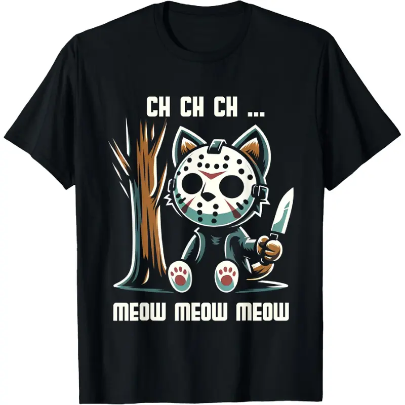 Men's 100% Pure Cotton Quirky Crew Neck Casual Distressed Short-Sleeve Graphic Tee - Vintage Cat Horror Movie Character Print, Menswear for Daily Wear, Parties