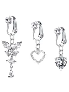 Women's Cute Rhinestone Decor Fake Belly Rings Carabiner Jewellery Belly, 3pcs/set Butterfly & Heart Design Belly Jewelry without Piercing, Fashionable Body Jewelry for Women & Girls As Birthday Gift