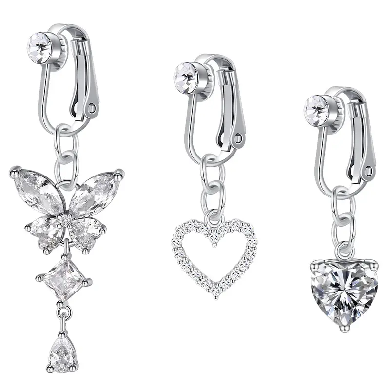 Women's Cute Rhinestone Decor Fake Belly Rings Carabiner Jewellery Belly, 3pcs/set Butterfly & Heart Design Belly Jewelry without Piercing Fake Piercings, Fashionable Body Jewelry for Women & Girls As Birthday Gift