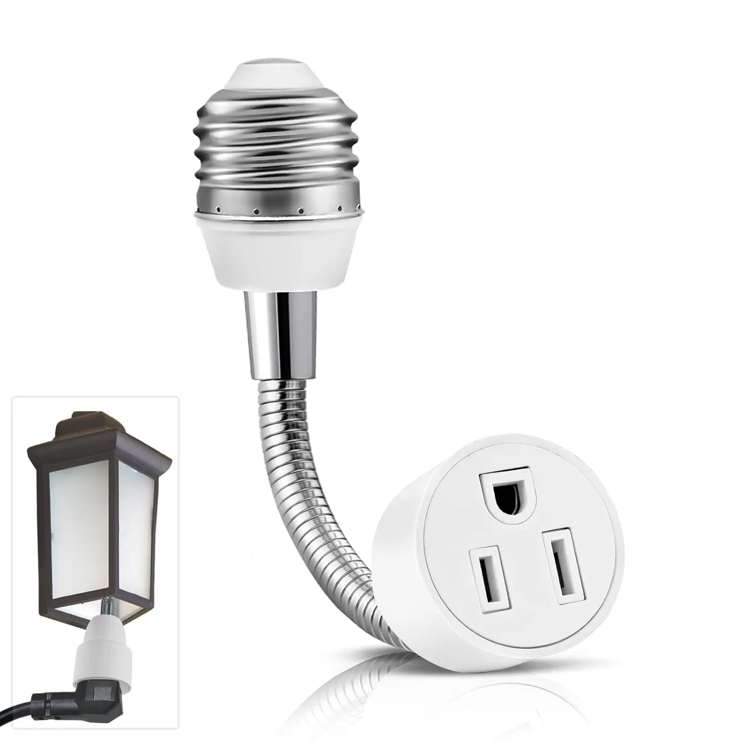 3 Prong Outlet Light Socket Adapter,Light Bulb to Outlet Socket Adapter with Extension Cord,Flexible Light Socket Plug Adapter for Garage,Porch and Patio Light,6 Inch Socket Outlet Extender
