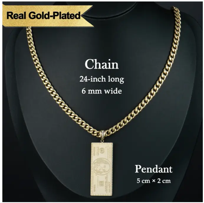 14K Real Gold-Plated Dollar Pendant Necklace, Double-Sided Mini Money Design with Iced Connector, 24" Cuban Chain, Hip Hop Jewelry Gift for Streetwear Lovers,Father's Day Gift